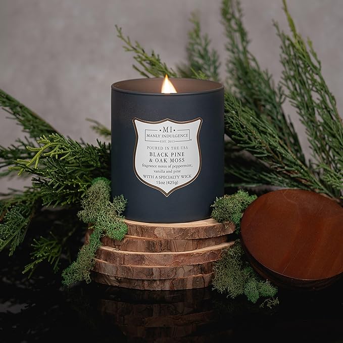 Manly Indulgence Black Pine Oakmoss Scented Candles for Men, 15 oz Wooden Wick, Premium Soy Blend