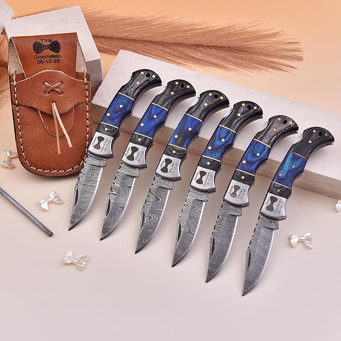 Set of 6 - Personalized Damascus Pocket Knife for Groomsmen -With Leather Sheaths - Custom Engraved