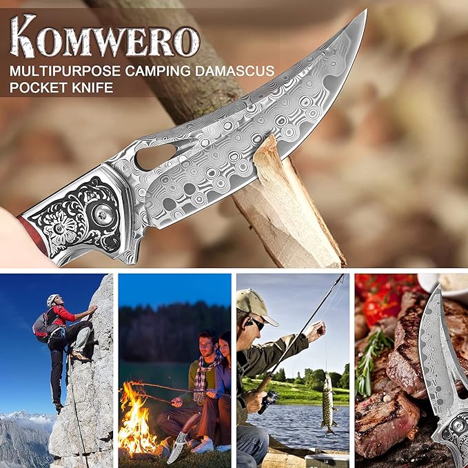 KOMWERO Damascus Pocket Knife for Men Women, Sharp VG10 Core Damascus Steel Knife for Outdoor