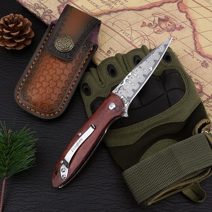 Damascus Pocket Knife with Sheath, 2.87" Damascus Steel Blade Knife with Wood Handle, EDC Folding
