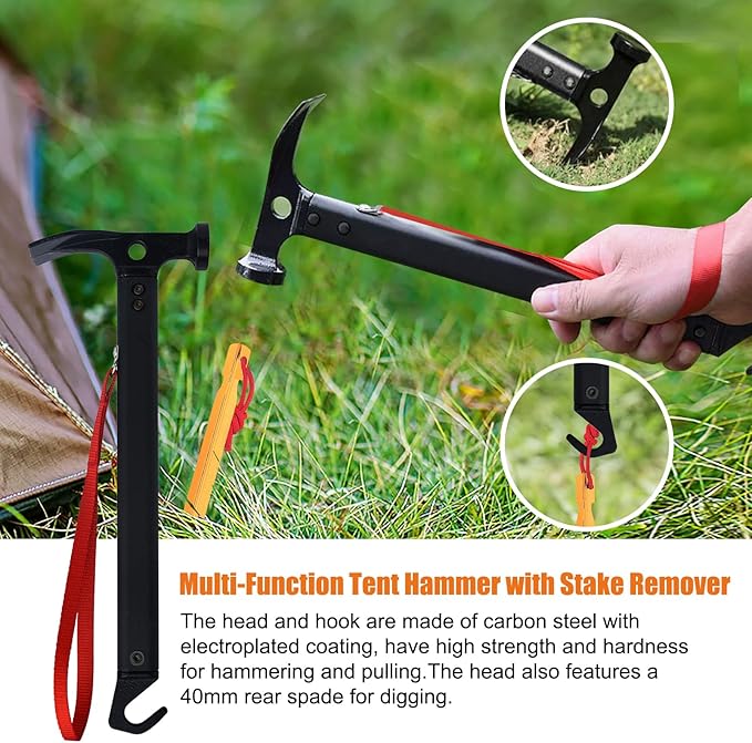 Eurmax USA Hiking Camping Tent Stakes and Hammer Set Lightweight Multi-Function Tent Hammer with