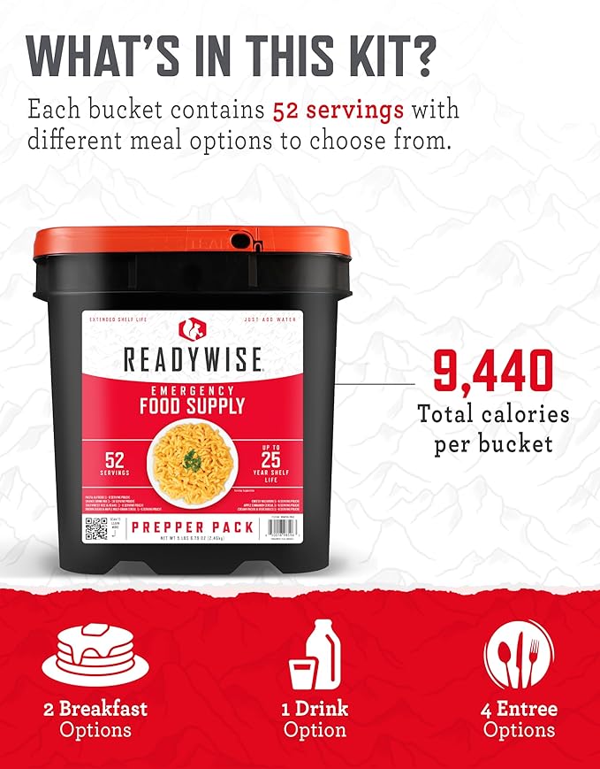 ReadyWise Prepper Pack Bucket - 52 Servings Emergency Food Supply, Survival Kit, Protein Meals