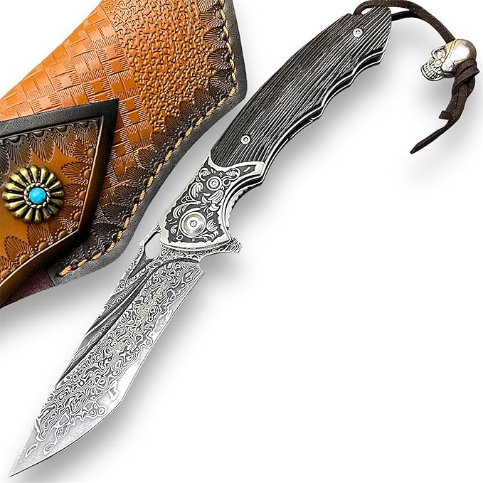 TACTICAL GEARZ Damascus Pocket Knife, Ebony Handle w/Carved Steel Head, Multi-Layered Damascus