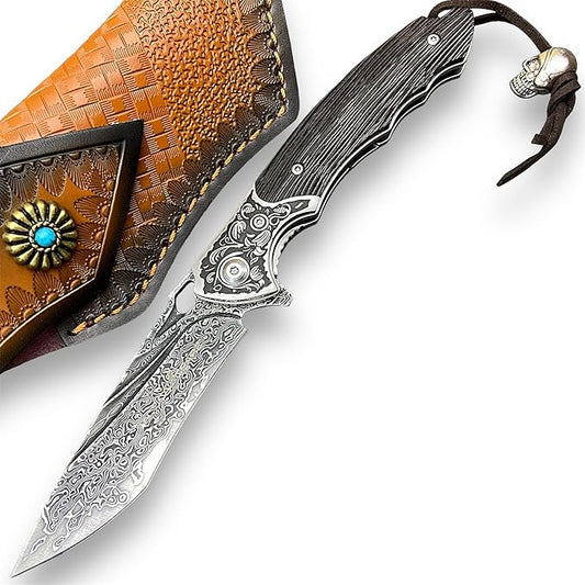 TACTICAL GEARZ Damascus Pocket Knife, Ebony Handle w/Carved Steel Head, Multi-Layered Damascus
