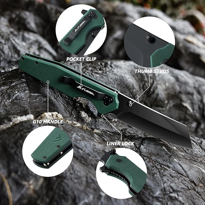 FLISSA Folding Knife, 4-3/4" Reverse Tanto Folding Pocket Knife, Black Stonewash Blade, G10 Handle