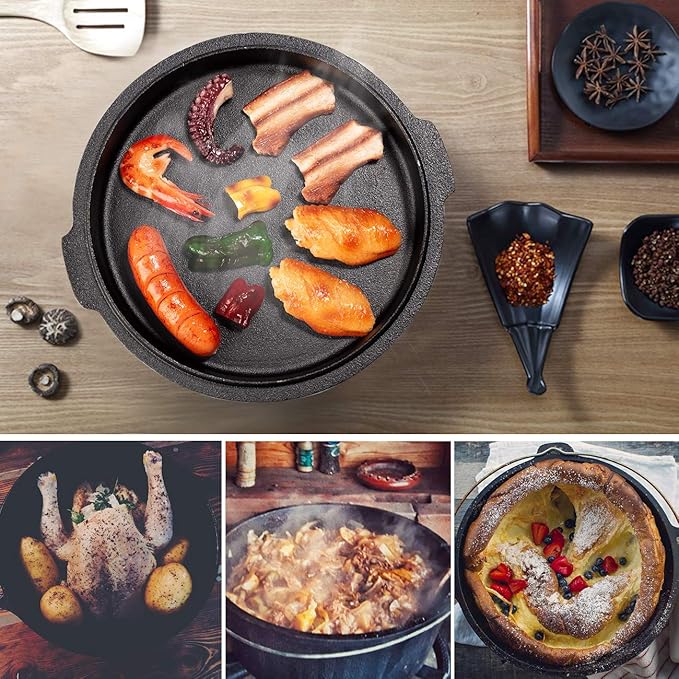 Overmont Camp Dutch Oven Pre Seasoned Cast Iron Lid Also a Skillet Casserole Pot with Lid Lifter
