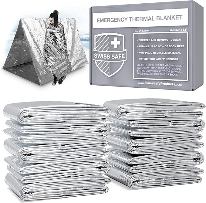 Swiss Safe 10 Pack Mylar Emergency Blankets for Survival - Compact & Insulated for Cold Weather