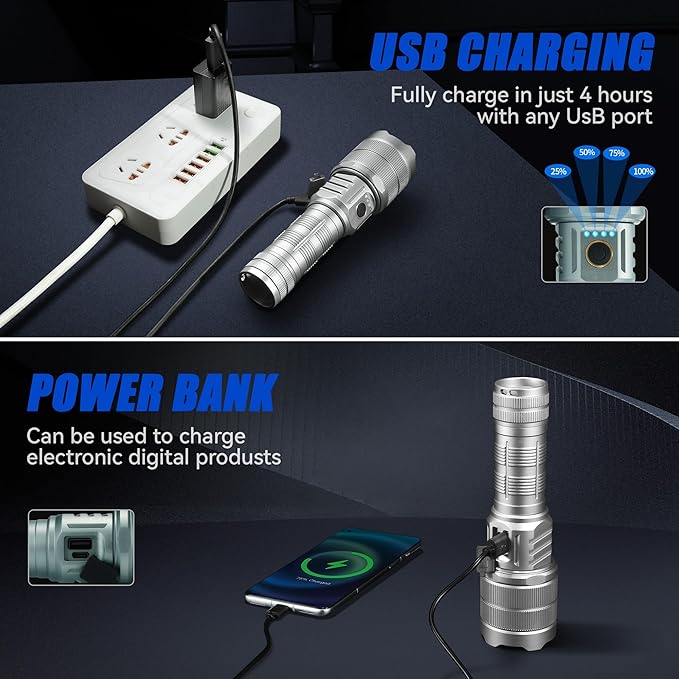10000 High Lumens Flashlights LED Rechargeable Tactical Flashlight 5 Modes Zoomable Fast Charging