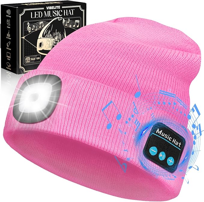 Bluetooth Beanie Hat with Light, USB Rechargeable LED Headlamp with Wireless Headphones, Gifts for