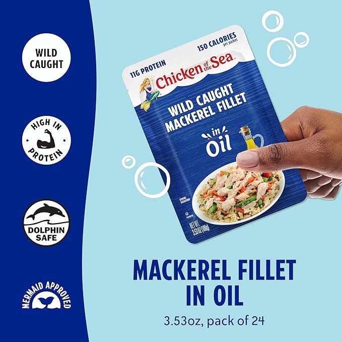 Chicken of the Sea Mackerel Fillet in Oil, 3.53 oz. Packets (Box of 24), Wild Caught Mackerel