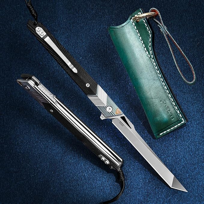 Folding Knife with Clip, 14C28N Steel Tanto Blade, Non-slip Titanium Alloy Handle Lightweight EDC