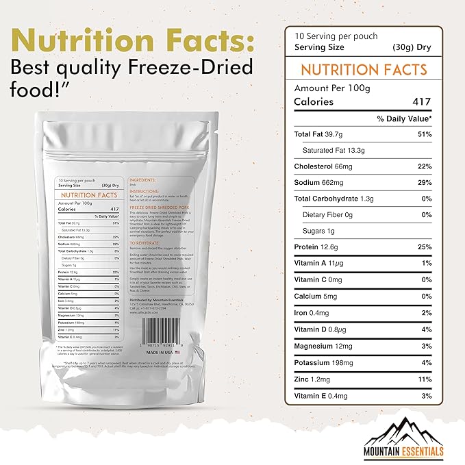 MOUNTAIN ESSENTIALS Freeze-Dried Shredded Pork ??Fully Cooked, Ready-to-Eat Meat | 10 Servings per