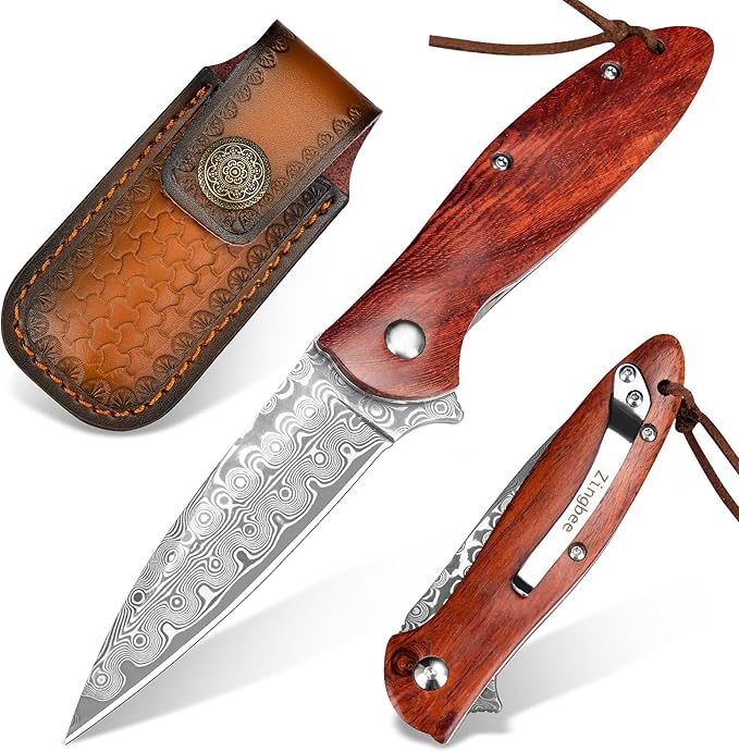 Damascus Pocket Knife with Sheath, 2.87" Damascus Steel Blade Knife with Wood Handle, EDC Folding
