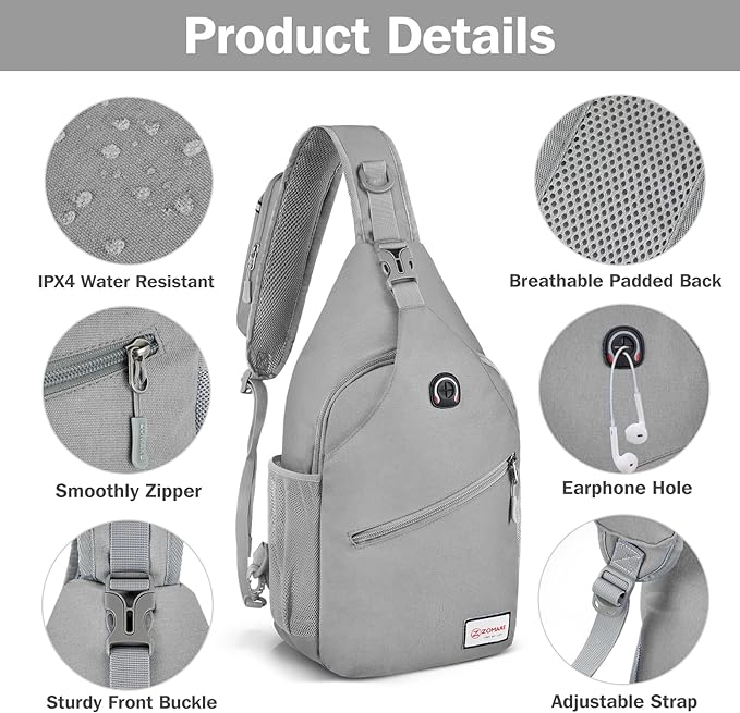 ZOMAKE Sling Bag,Small Crossbody Sling Backpack,Water Resistant Shoulder Daypack for Travel,Anti