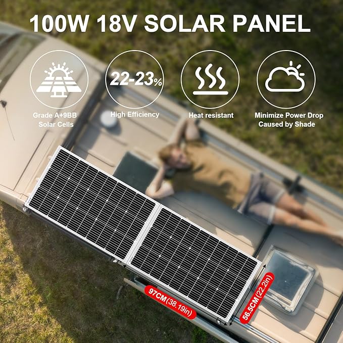 DOKIO 100W 18V Solar Panel 2-Pack for 12V Battery Charging, Monocrystalline 9BB Glass Modules with
