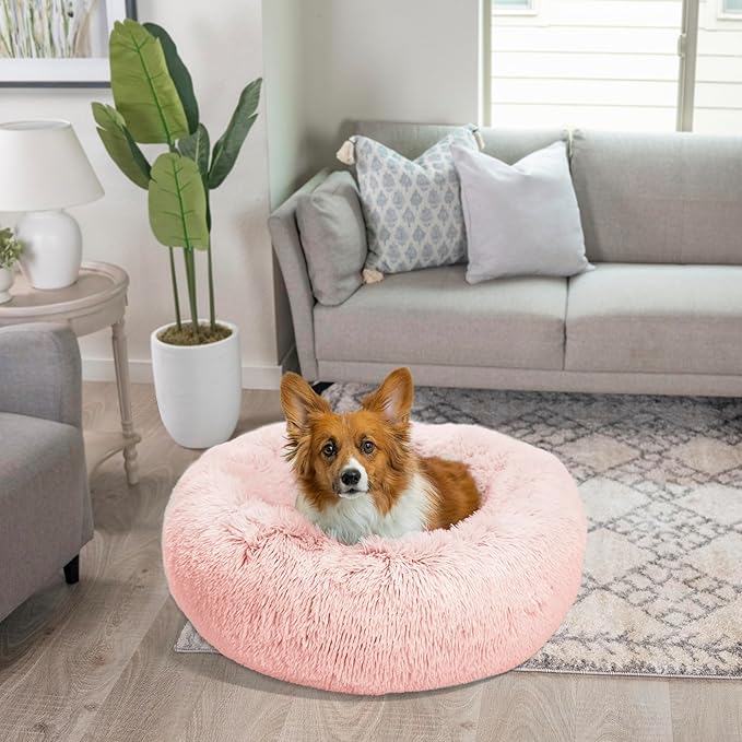 Best Friends by Sheri Original Calming Donut Dog and Cat Bed, Shag Faux Fur, Cotton Candy Pink