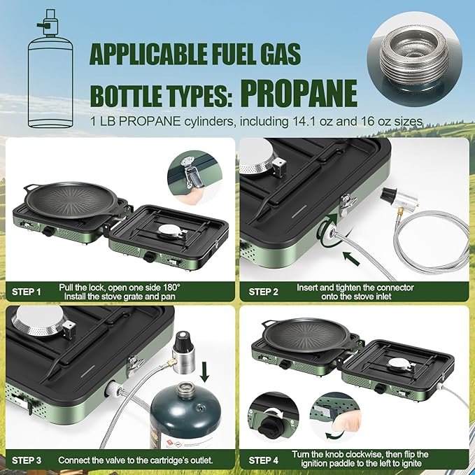 Portable Gas stove, 2 Burner Camping Stove with Griddle and Carrying Bag & Hose, 8600BTU Portable