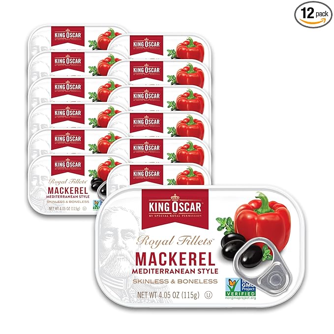 King Oscar Mackerel in Olive Oil, Mediterranean Style, 4.05 Ounce Can (Pack of 12, Packaging May