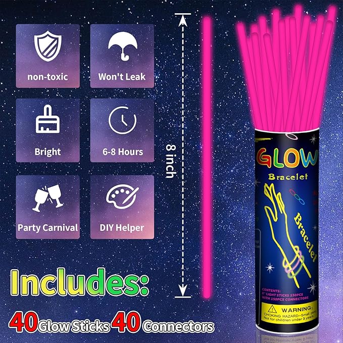 40 Pack 8??Pink Glow Sticks Bracelet Necklaces Bulk with 40 Connectors Neon Glow In The Dark Party
