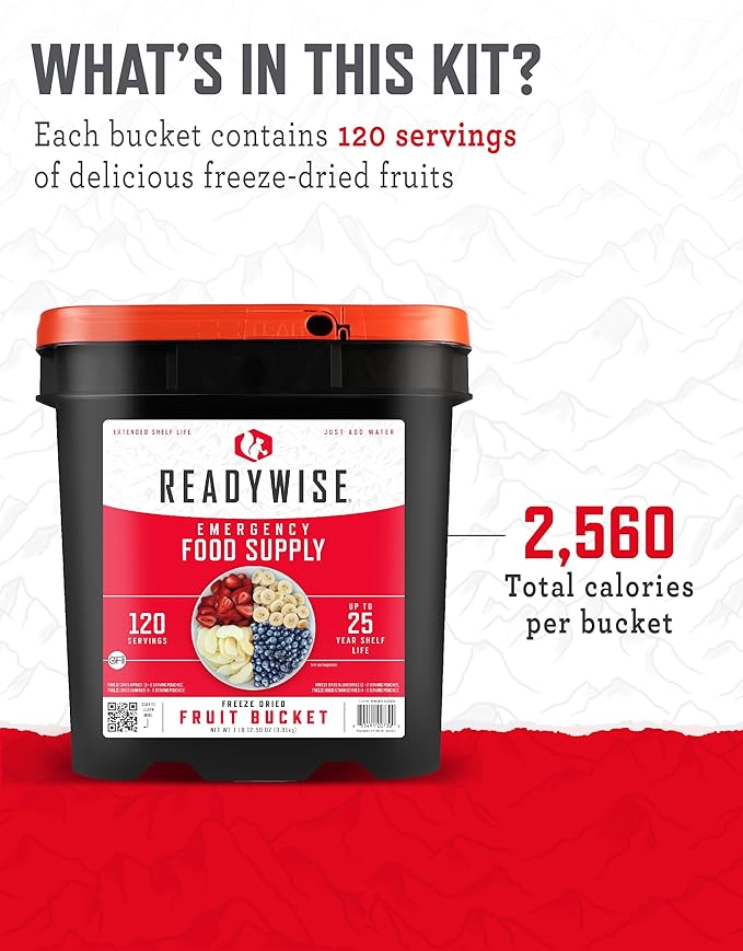 ReadyWise Emergency Food Supply - 120 Servings Fruit Bucket, Nutritious Meals, Dehydrated & Freeze