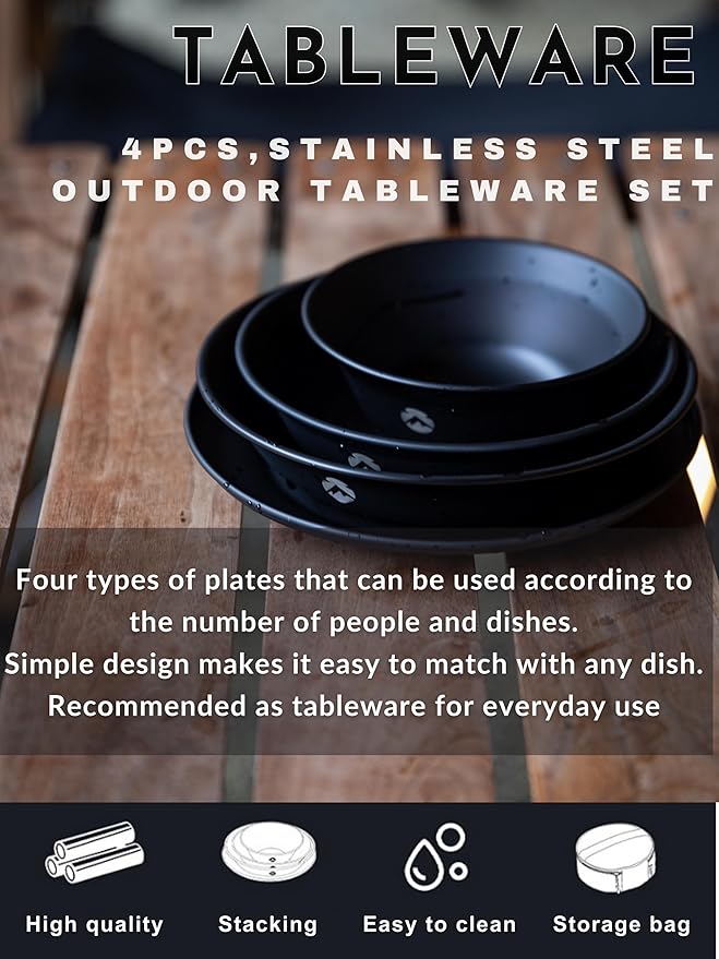 CAMPINGMOON Camping Plates Stainless Steel 4pcs Black BKS395-1S