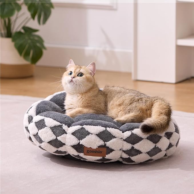 Cat Beds for Indoor Cats, Cute Donut Kitten Beds for Small Dog, Round Plush Bed for Puppy and Large