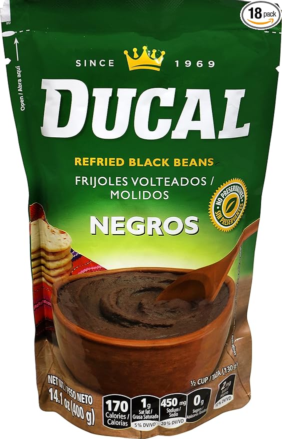 Ducal Refried Black Beans Pouch, 14.1 Ounce (Pack of 18) - Instant Vegetarian Refried Black Beans