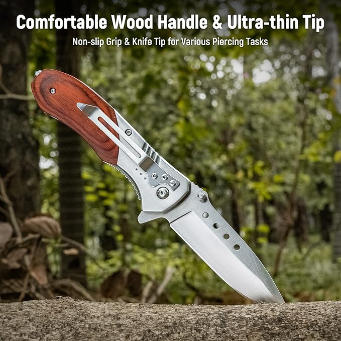 Pocket Knife for Men - 3.46" Sharp Blade Wood Handle Pocket Folding Knives with Clip, Glass Breaker