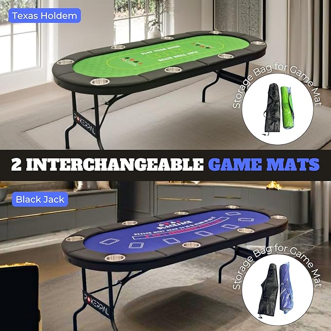 8 Player Poker Table with 2 Interchangeable Game mats, Texas Holdem Poker and Blackjack