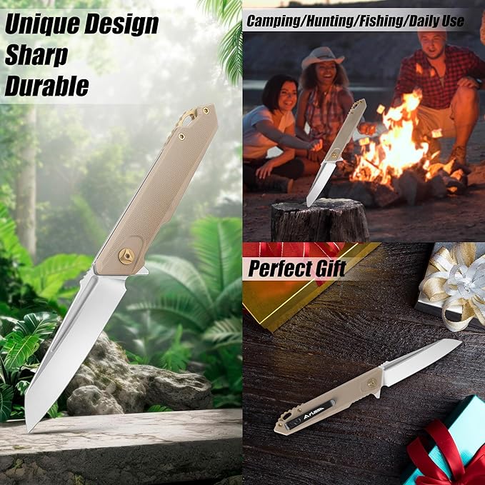 FLISSA Folding Pocket Knife, EDC Knife with D2 Steel Blade and G10 Handle, Pocket Clip, Suitable