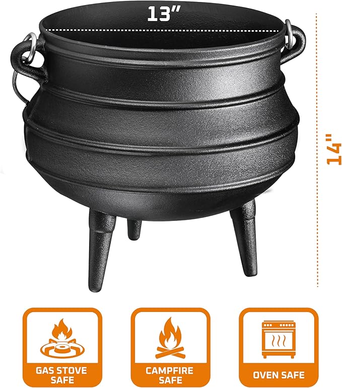 Bruntmor 8-Quart Pre-Seasoned Cast Iron Cauldron - African Potjie Pot with Lid - 3-Legged Pot for