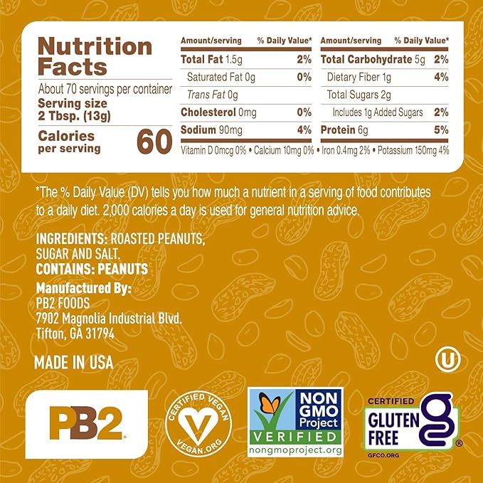 PB2 Powdered Peanut Butter Powder | 2LB Jar | Certified Gluten Free, Low-Carb, Keto Diet Friendly |