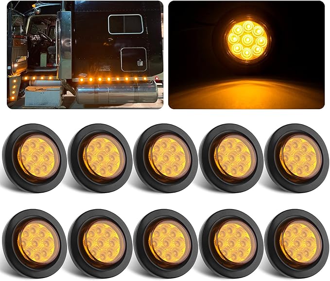 10Pcs 2 Inch Round LED Marker Lights Amber 9 LEDs w/Reflectors, 2 Inch Round Led Side Marker