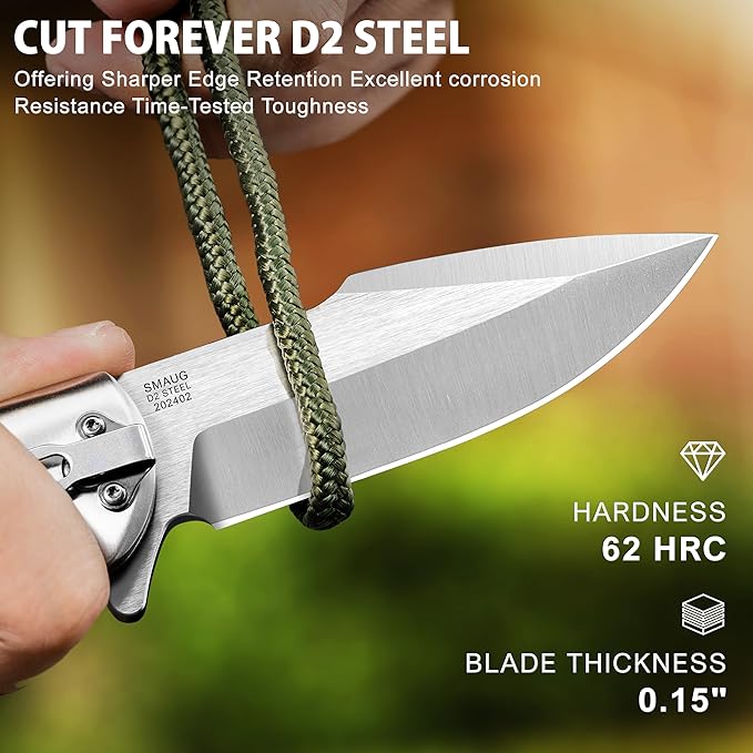 LOTHAR SMAUG Pocket Knife, 3.7 inch D2 Steel Folding Knife with Clip, Sharp Tactical Knife with G10