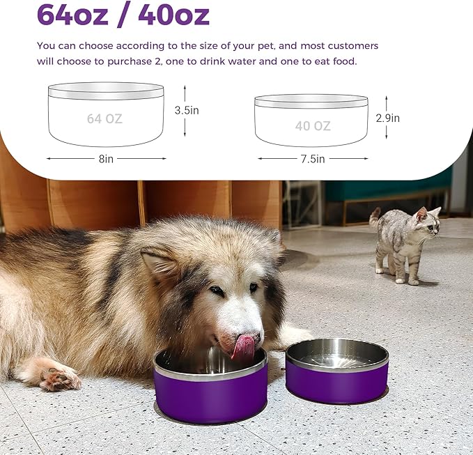 Dog Bowl, Stainless Steel Dog Food and Water Bowl with Non Slip Quiet Bottom, Easy to Clean