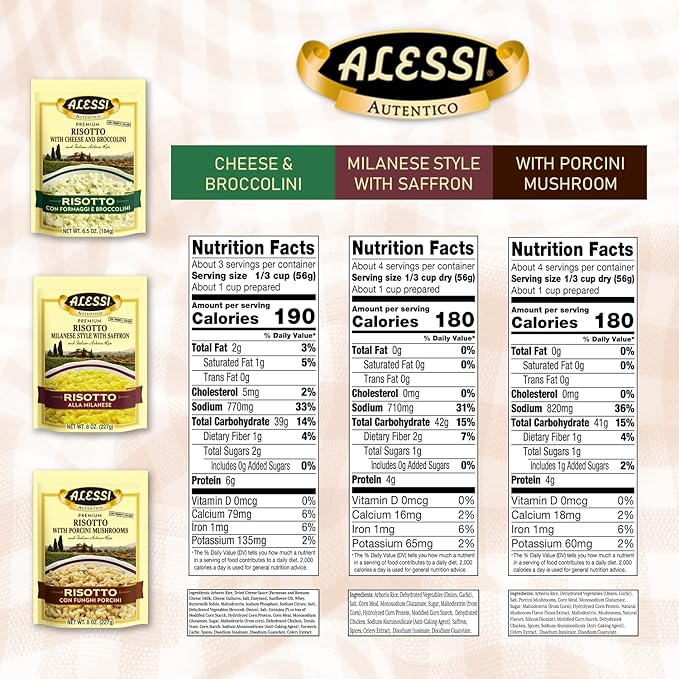 Alessi Autentico, Premium Seasoned Risotto, Italian Arborio Rice, Easy to Prepare, 8oz (Variety