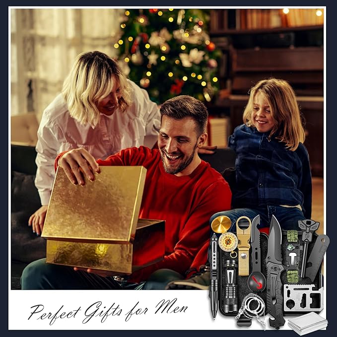 Gifts for Men Him Dad, Survival Kits and Equipment 14 Pcs, Christmas Stocking Stuffers, Anniversary