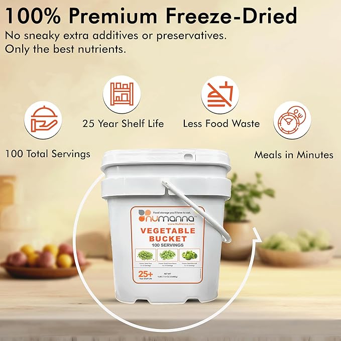 Numanna Dozen Emergency Freeze-Dried 12 Vegetables Buckets 1200 Servings Contains Peas, Green Beans