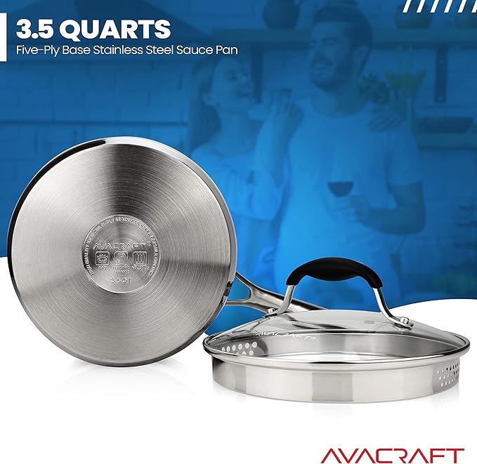 AVACRAFT Stainless Steel Saucepan with Glass Lid, Strainer Lid, Two Side Spouts for Easy Pour with