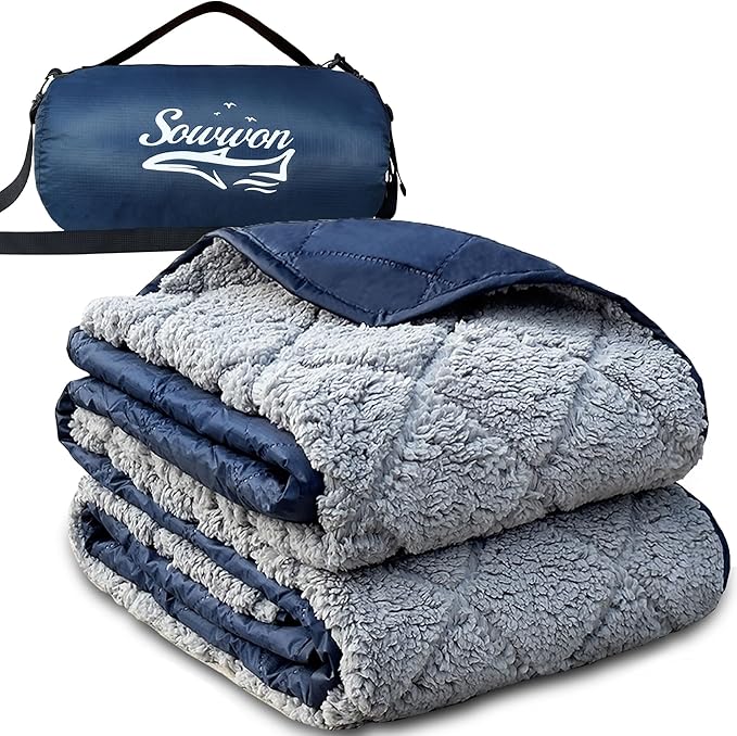 Waterproof Outdoor Blanket 92”X 60” Packable, Stadium Blankets for Camping with Sherpa Fleece