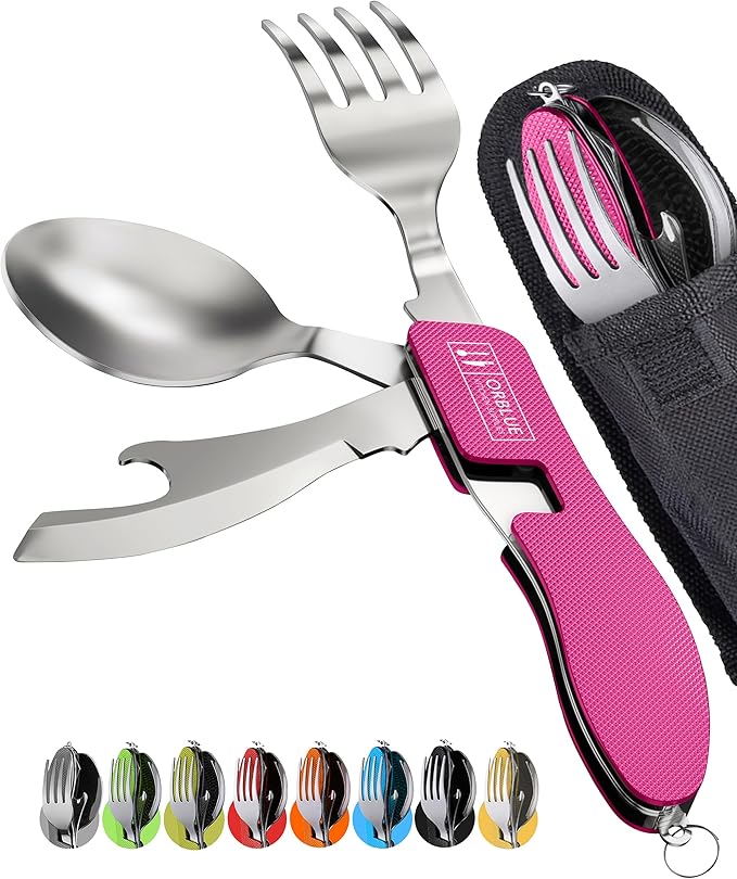Orblue 4-in-1 Camping Eating Utensils, 2-Pack - Portable Spoon, Fork, Knife & Bottle Opener Combo
