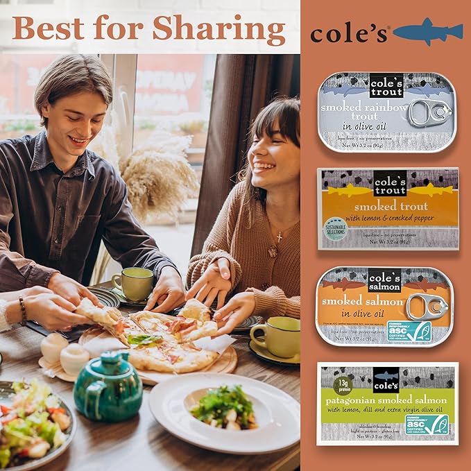 Cole's Patagonian Smoked Salmon & Rainbow Trout Sampler Pack, 3.2oz Cans | Hand-Packed in Extra