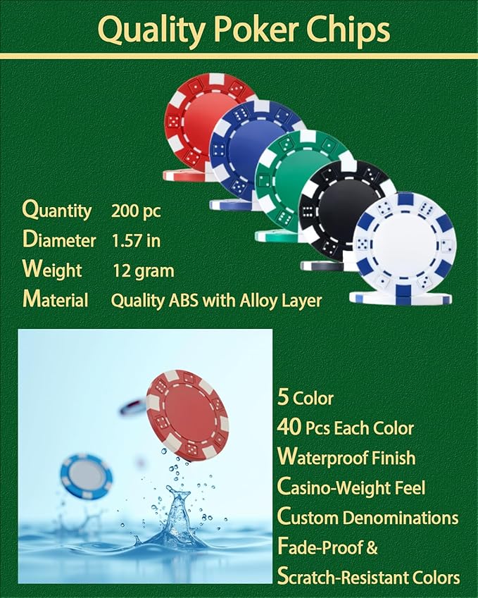 5 in 1 Casino Game Complete Set: 200 Pro Poker Chips+Silent Card Shuffler, Blackjack+Roulette