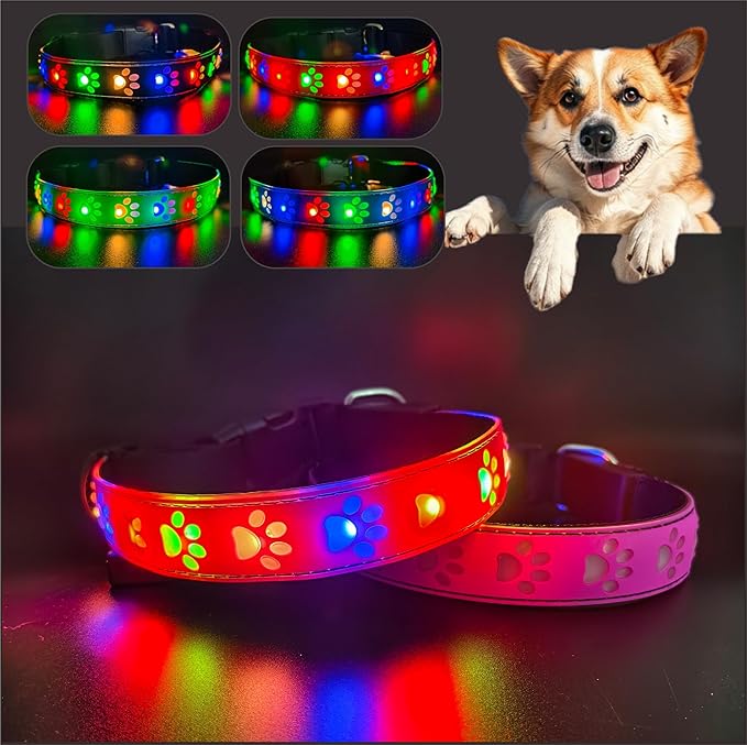 LED Light Up Dog Collar, USB-C Rechargeable, Multicolor Paw Print Design, 15 Modes Lighting Night
