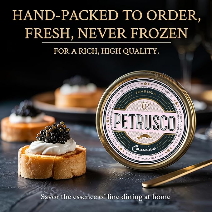 PETRUSCO Sevruga Black Caviar - Premium Fresh Seafood Sturgeon Fish Caviar - Rich, Buttery Flavor