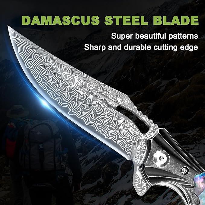 Damascus Pocket Knife for Women, 3.15" VG10 Damascus Steel Blade EDC Folding Knife with Sheath