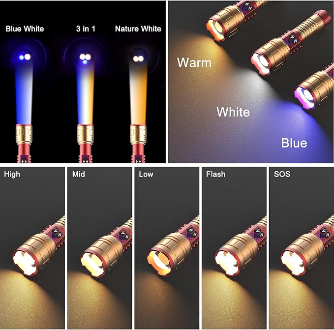 3 in 1 Rechargeable Flashlight True 5000 Lumens Outdoor Strong Cob Light, 5000mAh Zoomable Beam LED