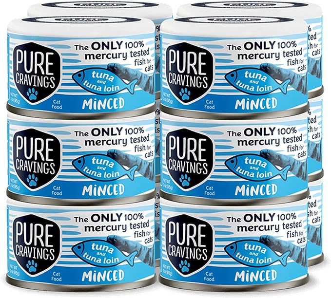 Pure Cravings Minced Tuna and Tuna Loin Wet Canned Cat Food, 100% Mercury-Tested, Moist Can Fish