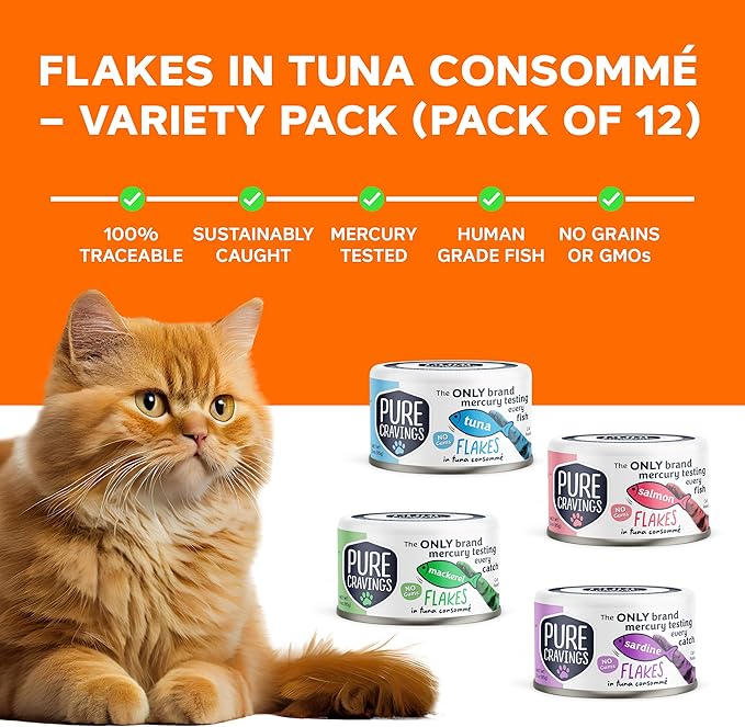 Pure Cravings Flakes in Tuna Consommé, Canned Wet Cat Food Soup, 100% Mercury-Tested, Moist Can