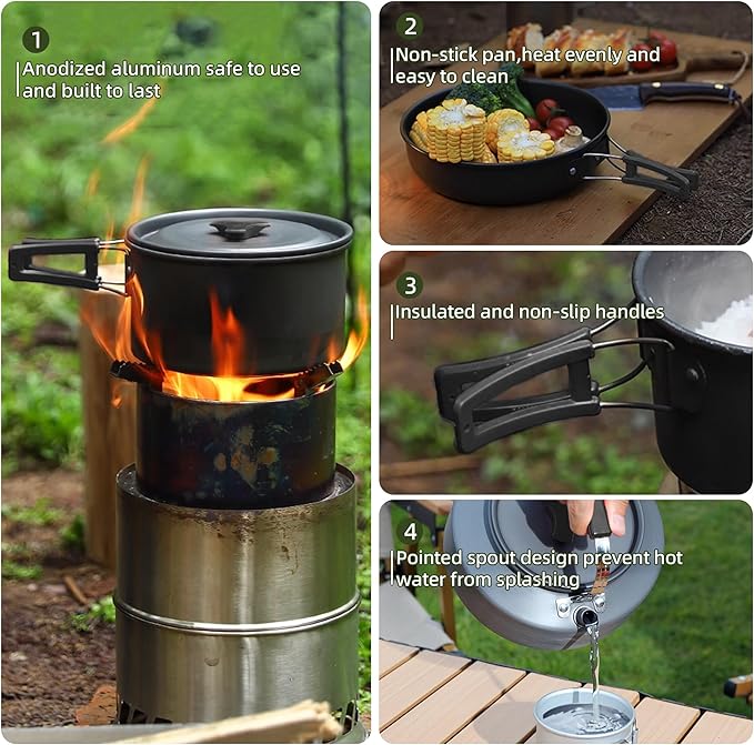 aiGear 3pcs Camping Cookware Mess Kit, Non-Stick Camping Pan Pot Kettle, Lightweight Aluminum